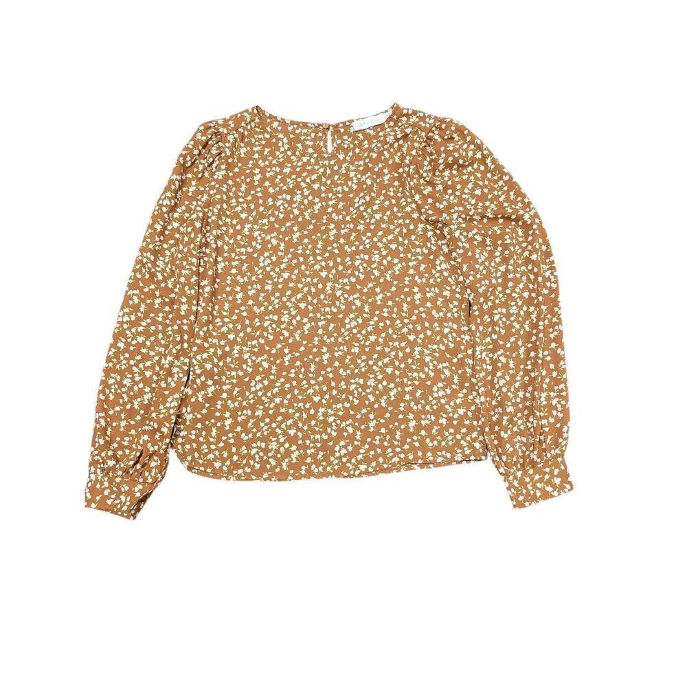 All in Favor Blouse Yellow and Cream Floral Long Sleeve Women's Medium